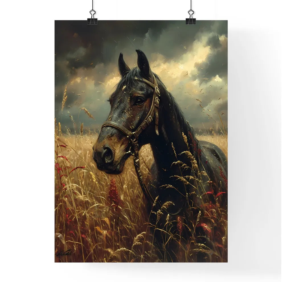 A vintage painting featuring a wild black horse  Poster