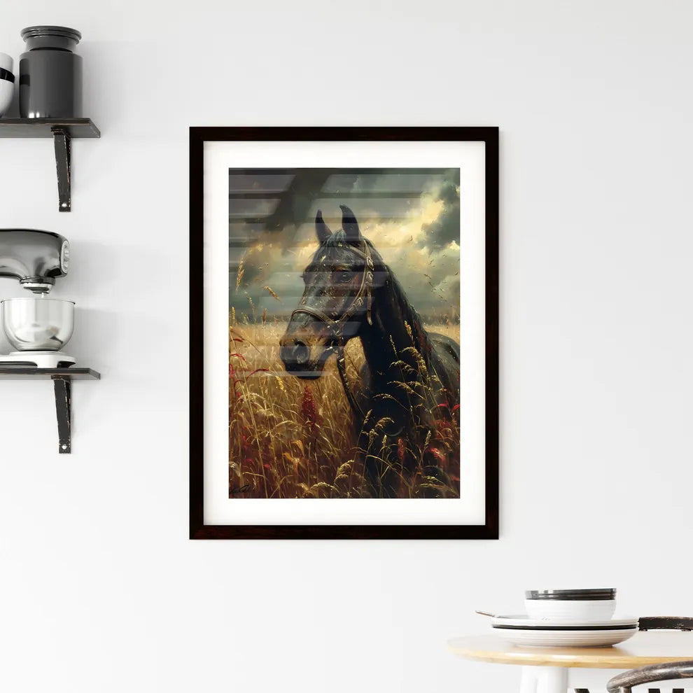 A vintage painting featuring a wild black horse  Framed Print