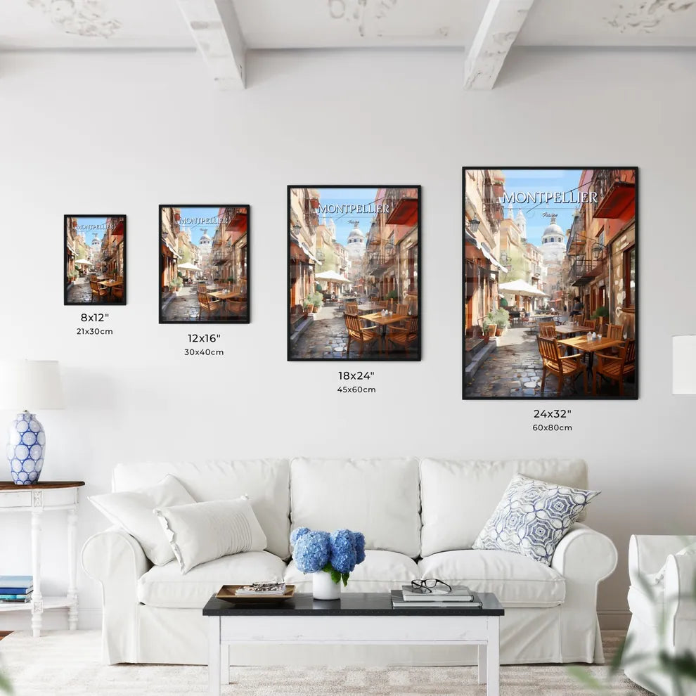 Montpellier, France - Art print of a beach with a sandy shore and blue water Size Chart