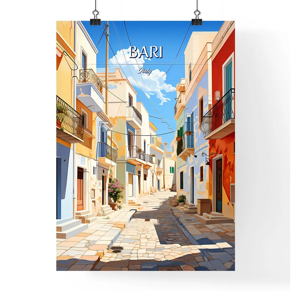 Bari, Italy - Art print of a street with tables and chairs on it Poster