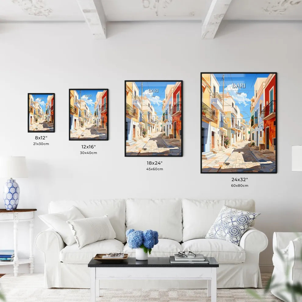 Bari, Italy - Art print of a street with tables and chairs on it Size Chart