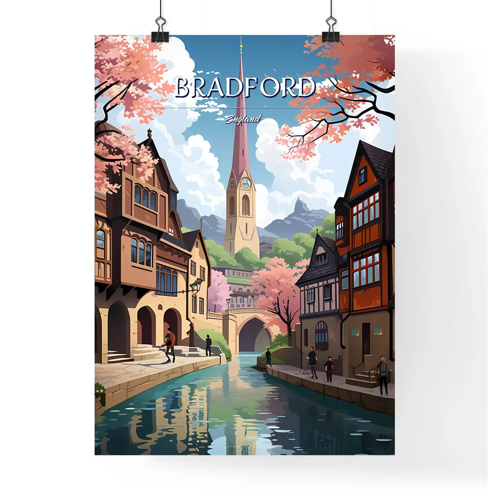 Bradford, England - Art print of a beach with a sandy beach and blue water and a rocky cliff Poster