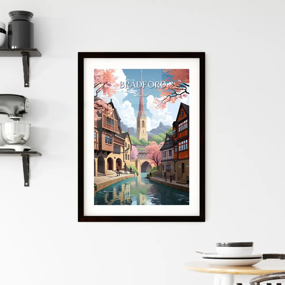 Bradford, England - Art print of a beach with a sandy beach and blue water and a rocky cliff Custom Print