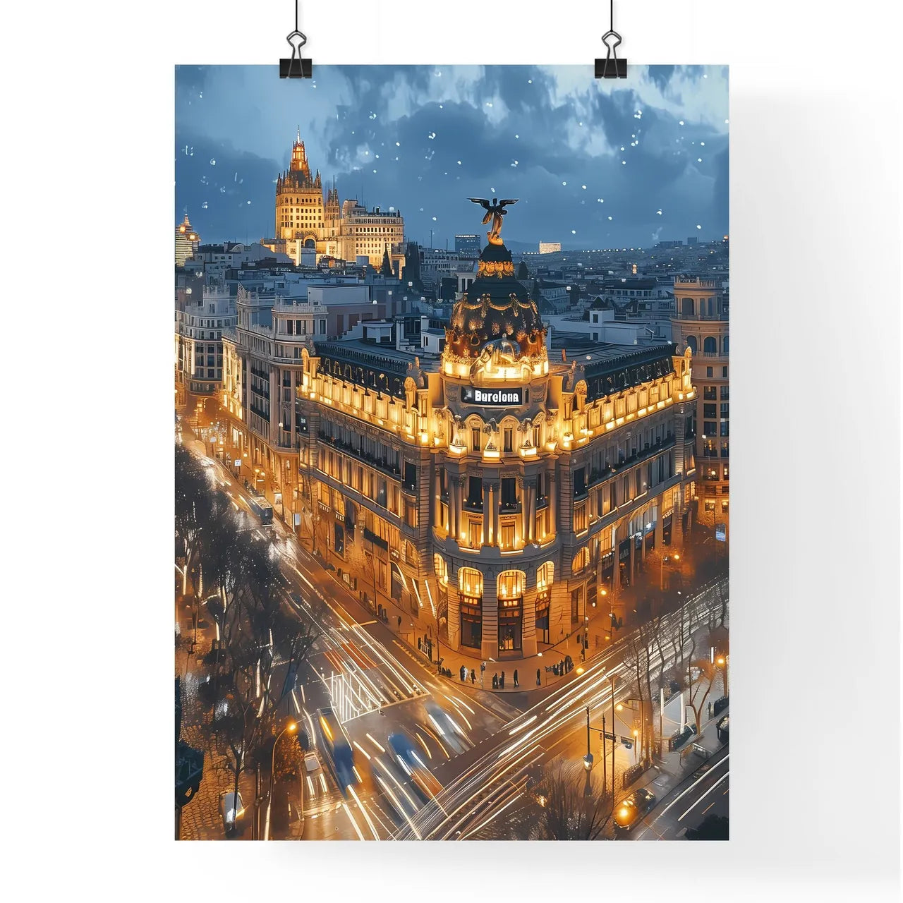 Poster of Barcelona - Art print of a cartoon of a castle on an island surrounded by water Poster
