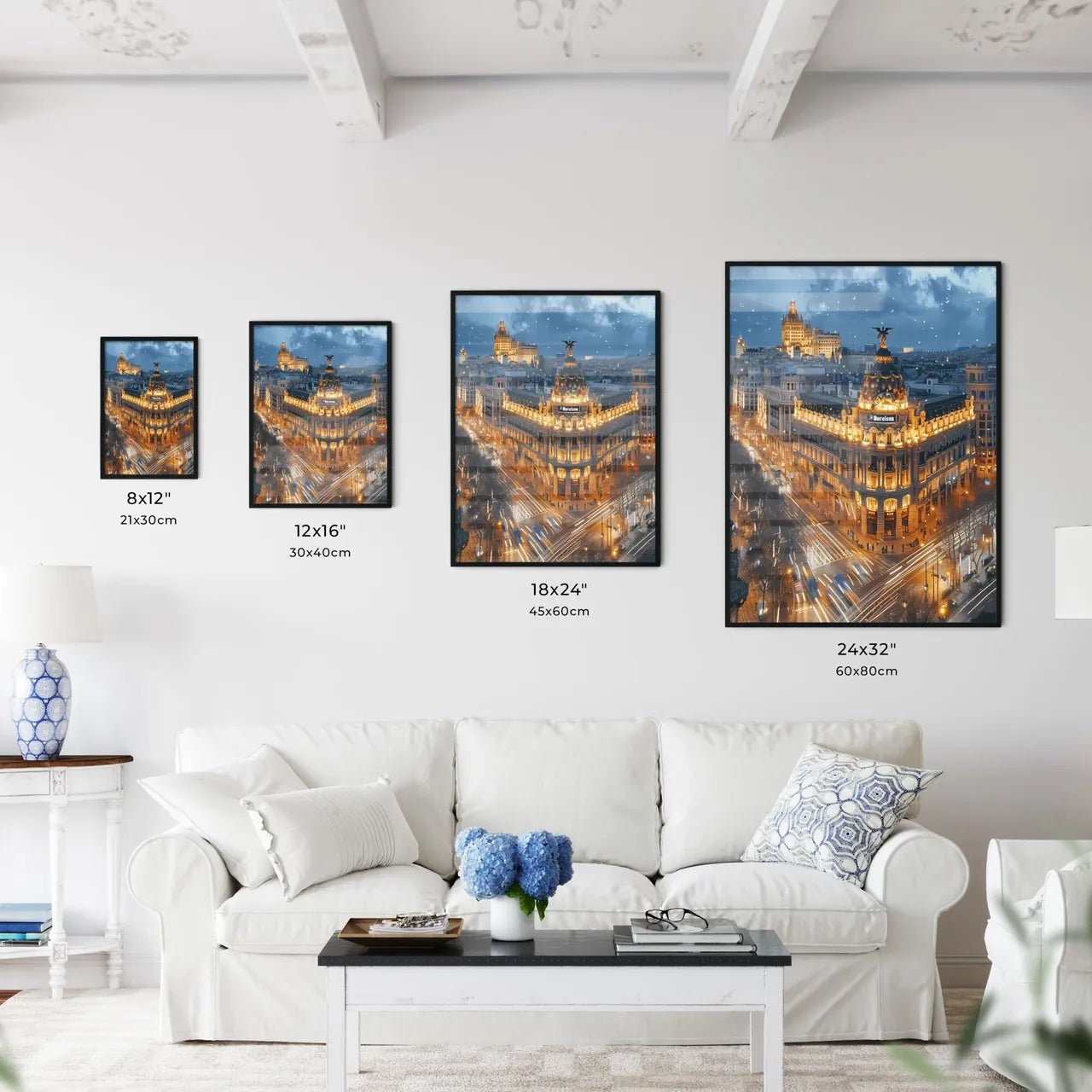 Poster of Barcelona - Art print of a cartoon of a castle on an island surrounded by water Size Chart