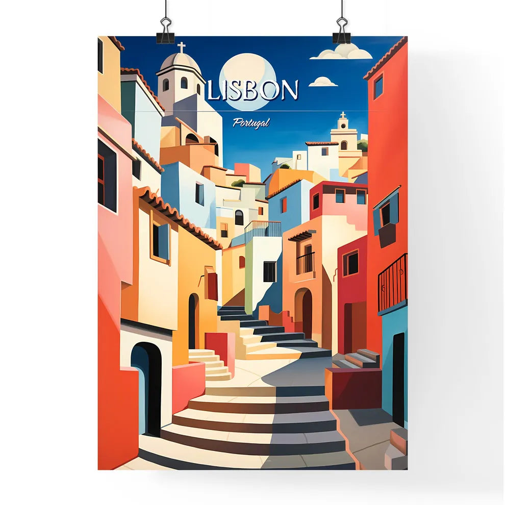 Lisbon, Portugal - Art print of a street with tables and chairs on it Poster