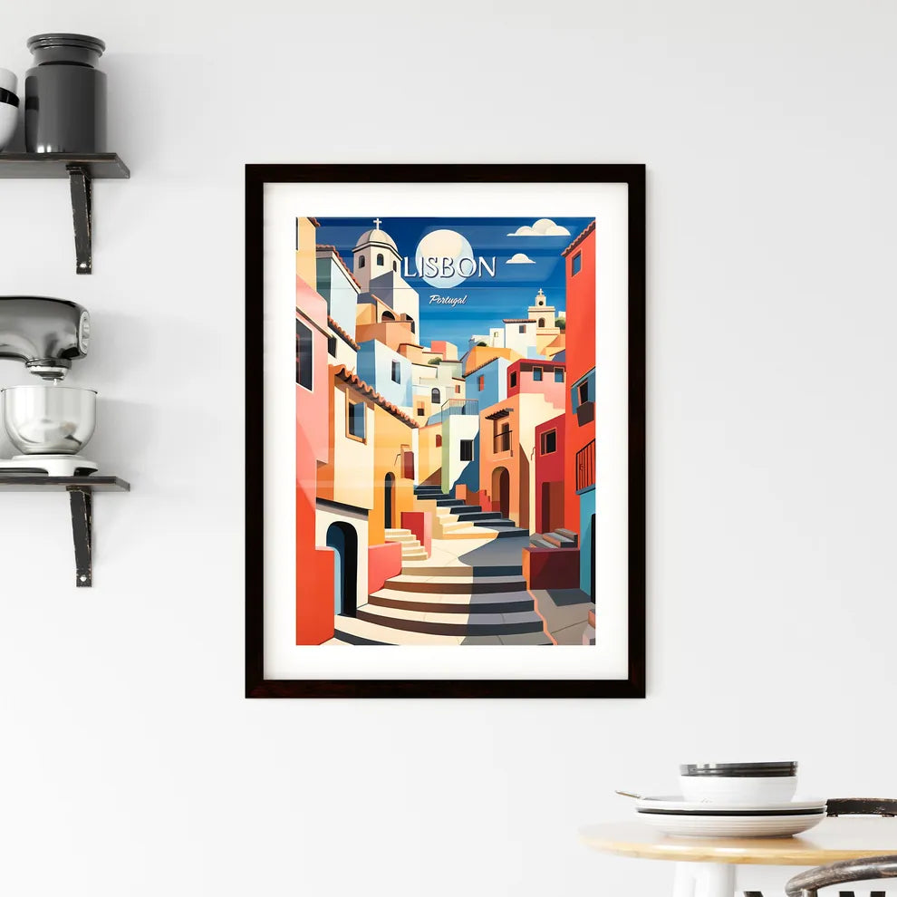 Lisbon, Portugal - Art print of a street with tables and chairs on it Custom Print