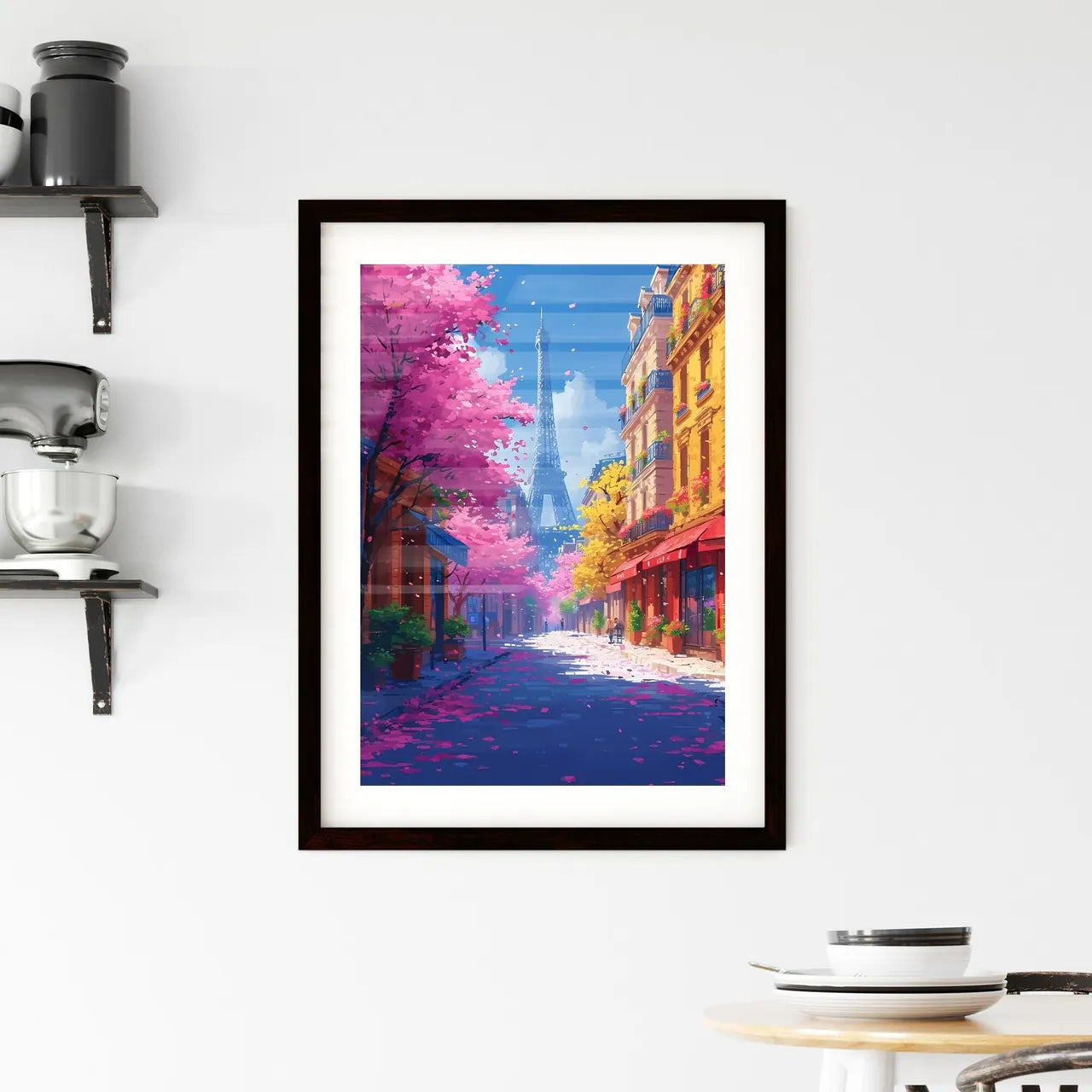 A travel poster of the eiffel tower - Art print of a woman sitting on a pink surface Custom Print