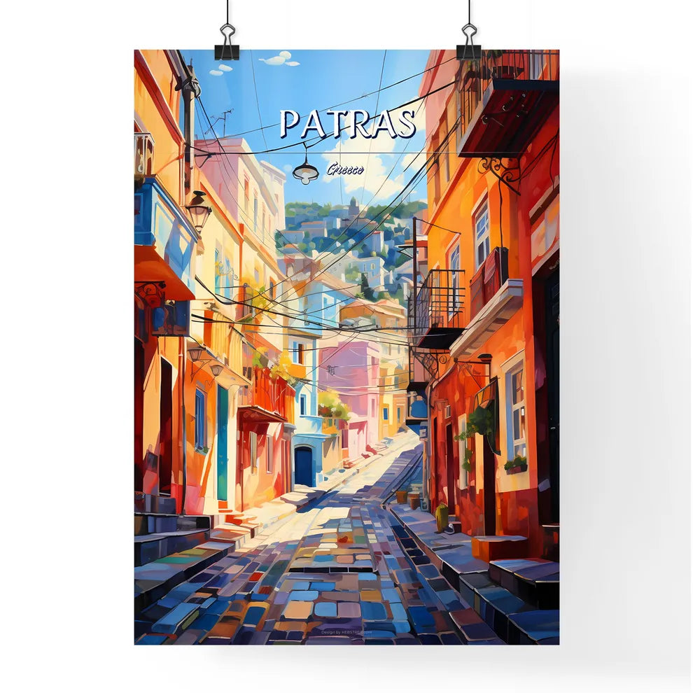 Patras, Greece - Art print of a street with buildings and people walking on it Poster