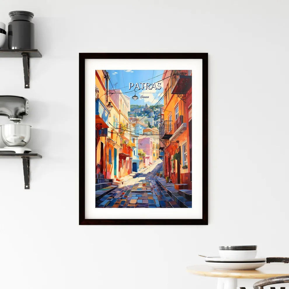 Patras, Greece - Art print of a street with buildings and people walking on it Custom Print