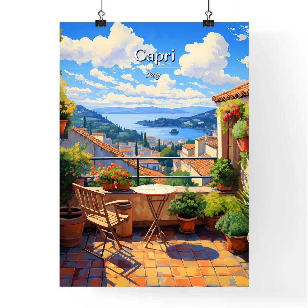 On the roofs of Capri, Italy - Art print of a church with a steeple and trees Poster