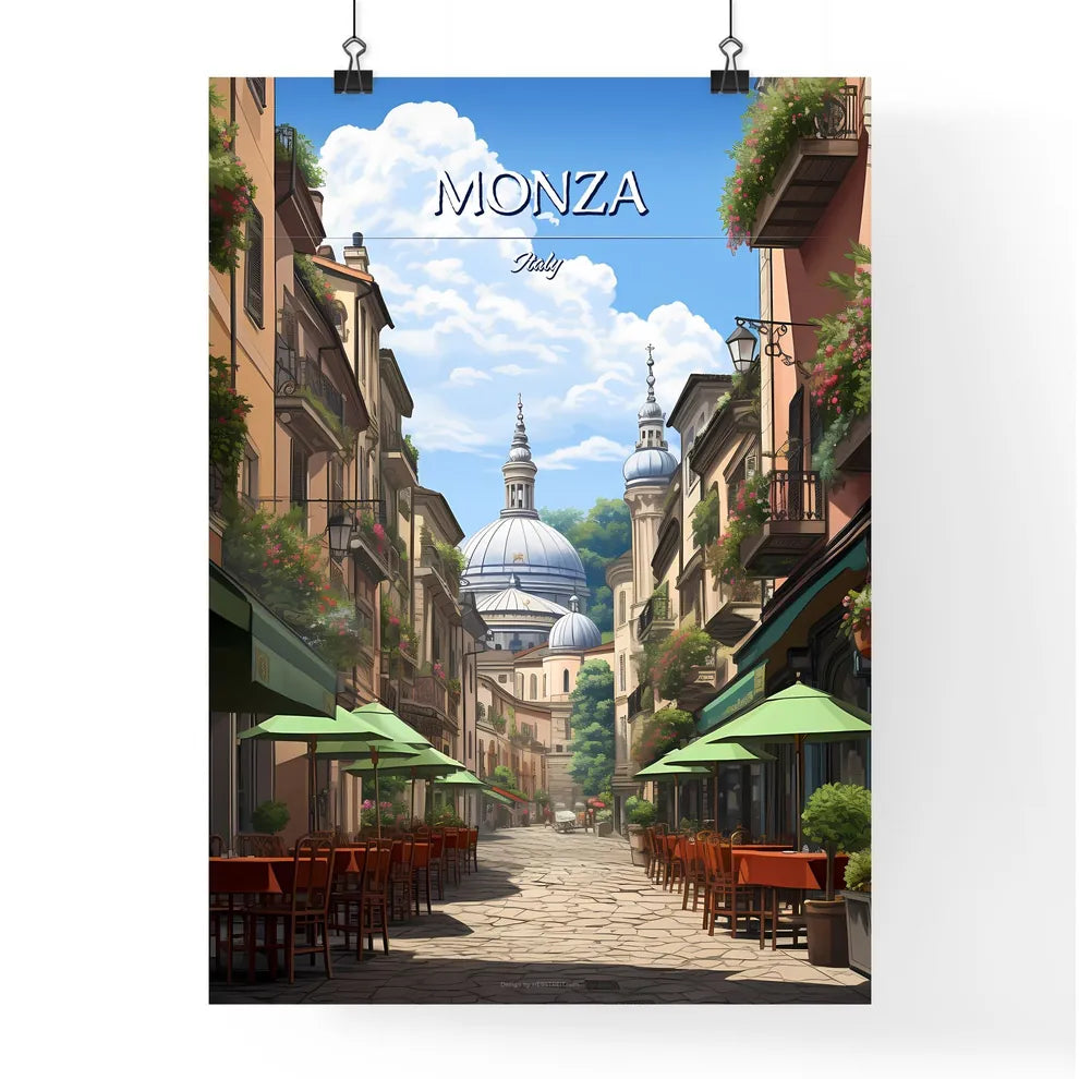 Monza, Italy - Art print of a table and chairs on a rooftop with flowers in pots Poster