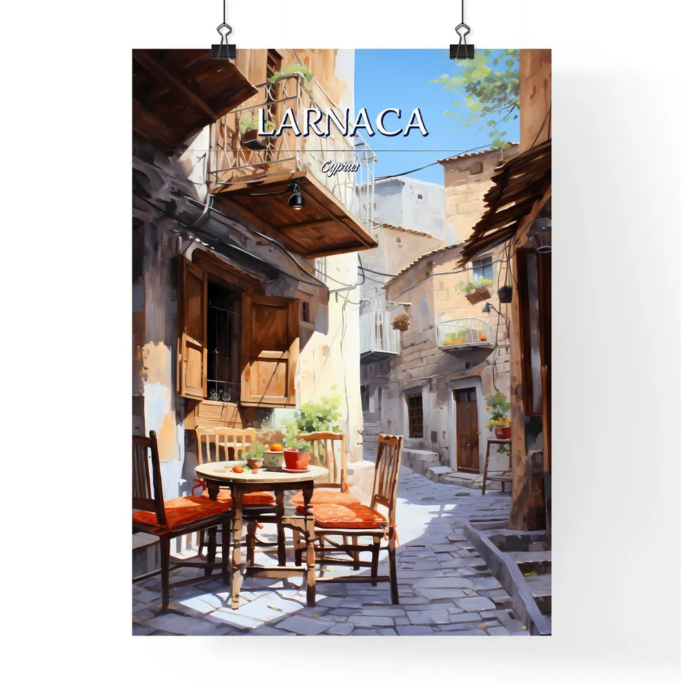 Larnaca, Cyprus - Art print of a table with flowers on it and a view of a town Poster