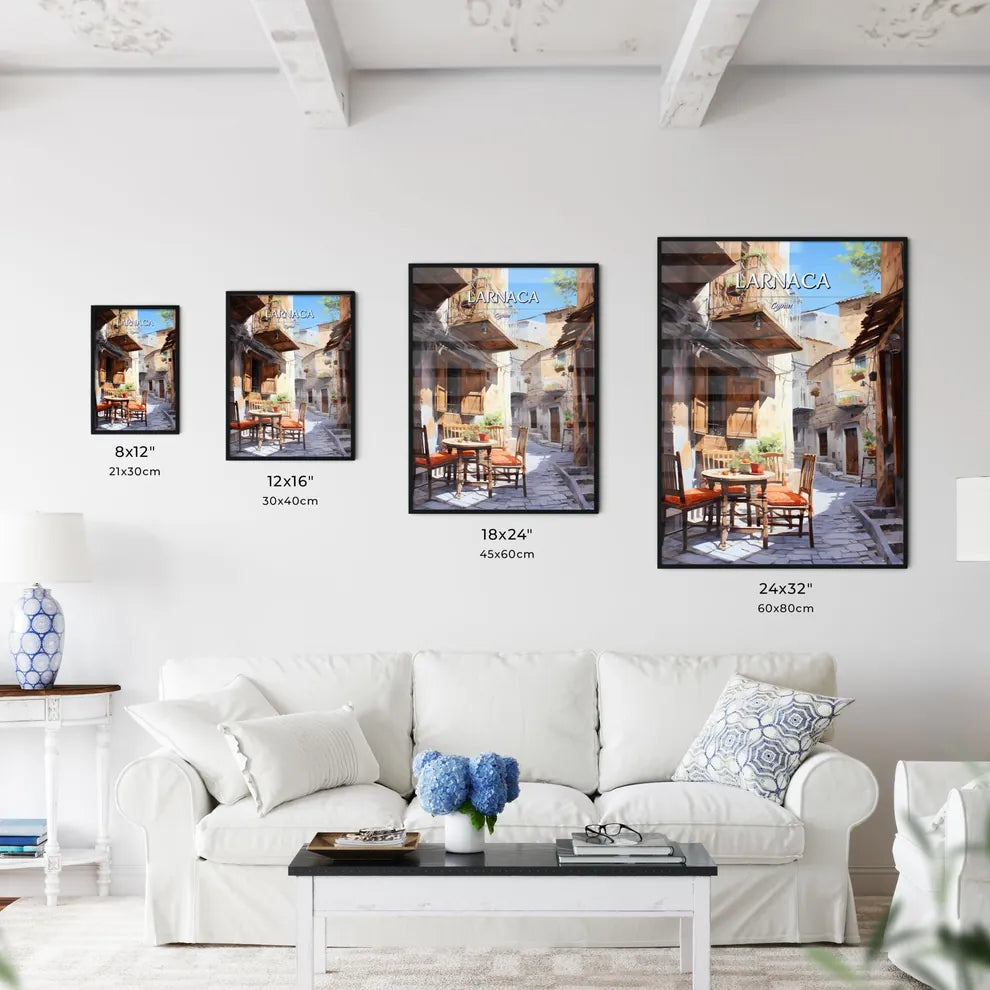Larnaca, Cyprus - Art print of a table with flowers on it and a view of a town Size Chart
