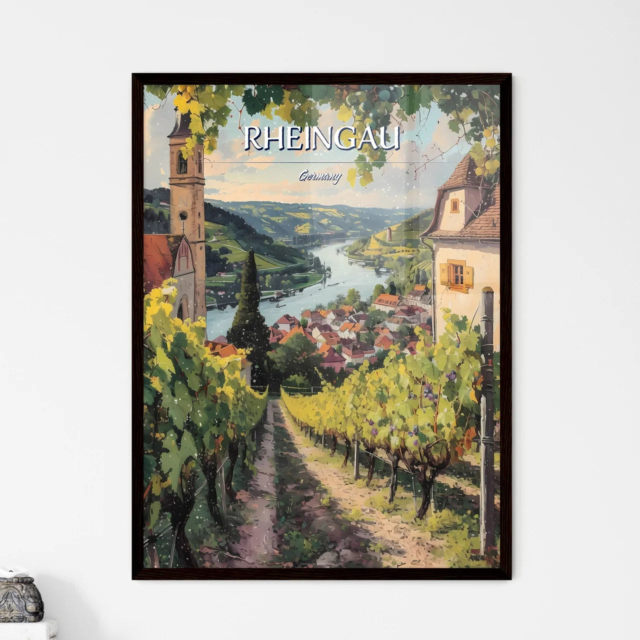 Rheingau, Germany - Art print of a group of people standing in front of a city skyline Framed Art