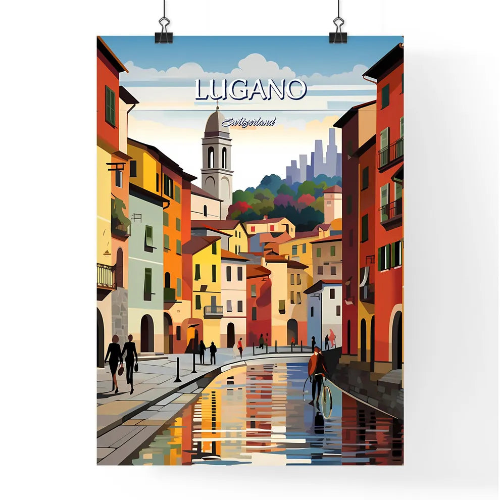 Lugano, Switzerland - Art print of a town with pink trees and a road Poster
