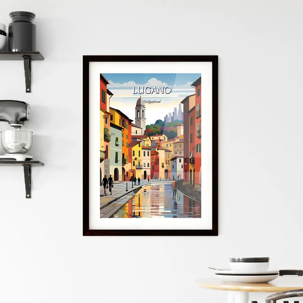 Lugano, Switzerland - Art print of a town with pink trees and a road Custom Print