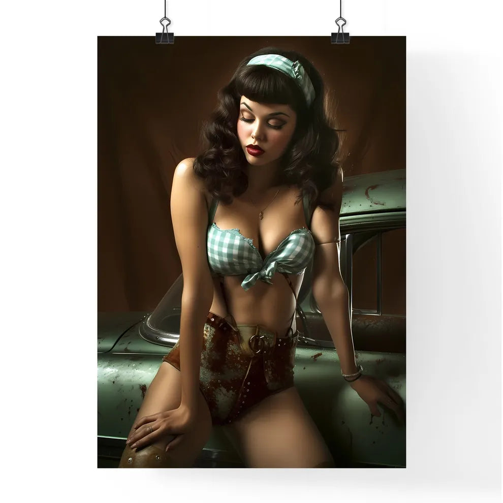 The vintage pin up girl leaning on a car - A Poster