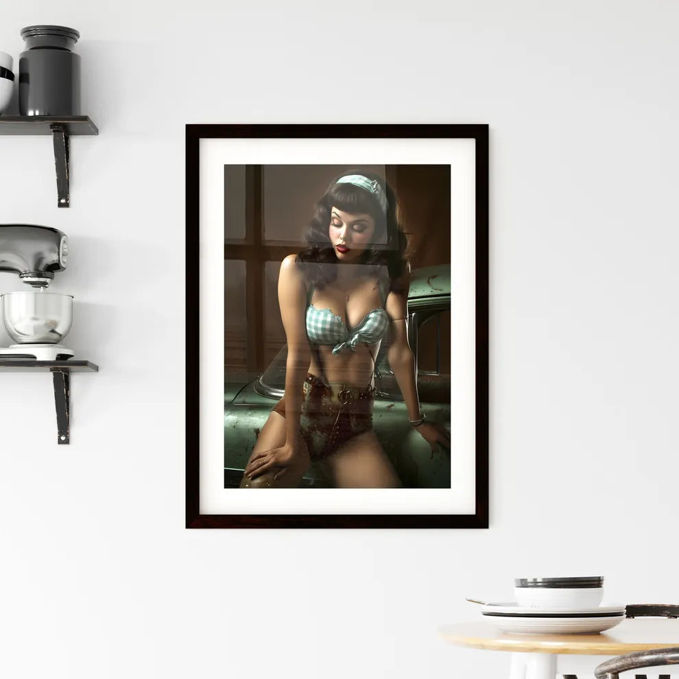 The vintage pin up girl leaning on a car - A Framed Print