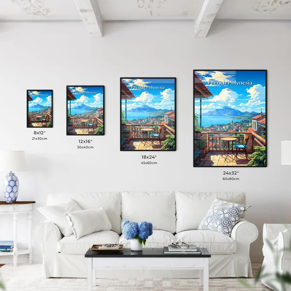 On the roofs of French Polynesia, France - Art print of a colorful city street with stairs and buildings Size Chart