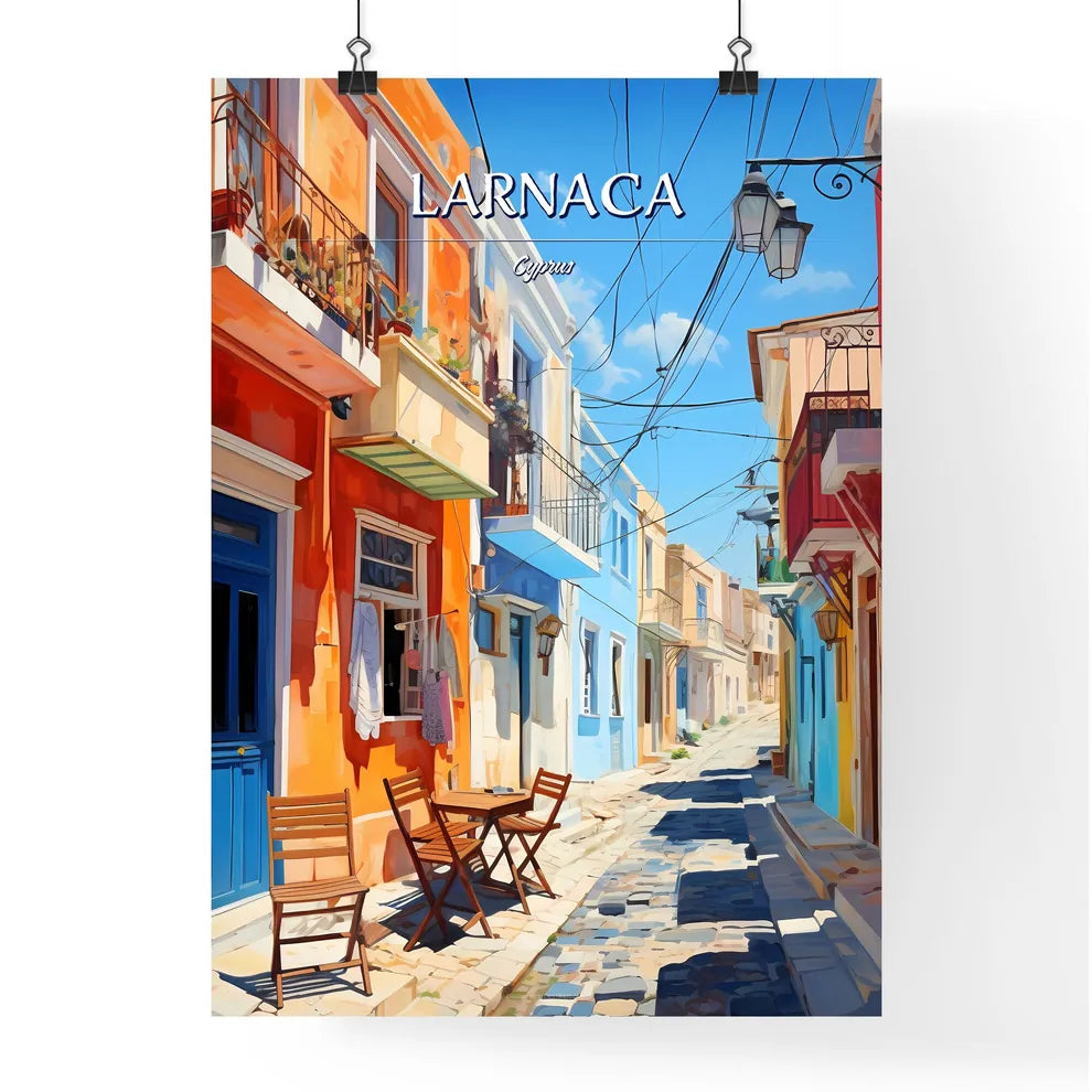 Larnaca, Cyprus - Art print of a street with tables and chairs in a city Poster