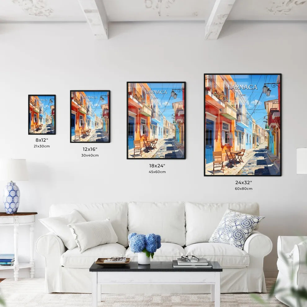 Larnaca, Cyprus - Art print of a street with tables and chairs in a city Size Chart