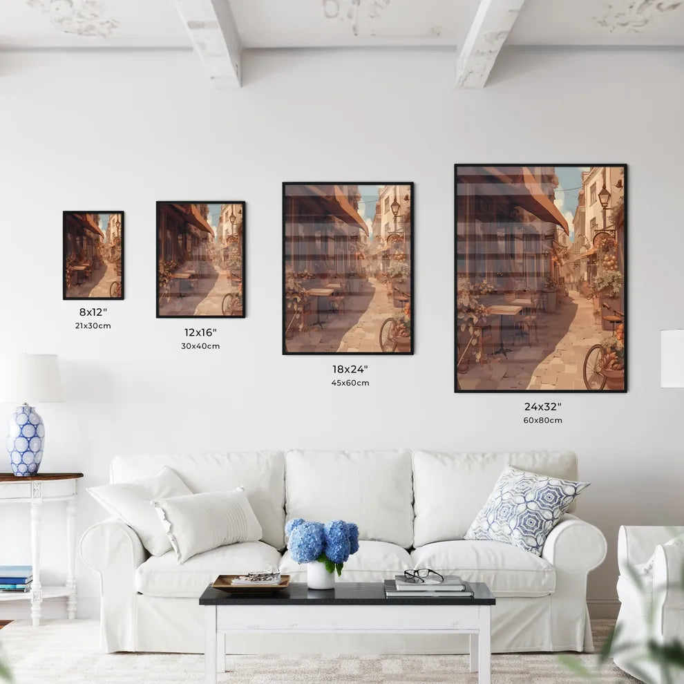 Craft an illustration of Nijmegen - Art print of a street with stairs and buildings by the water Size Chart