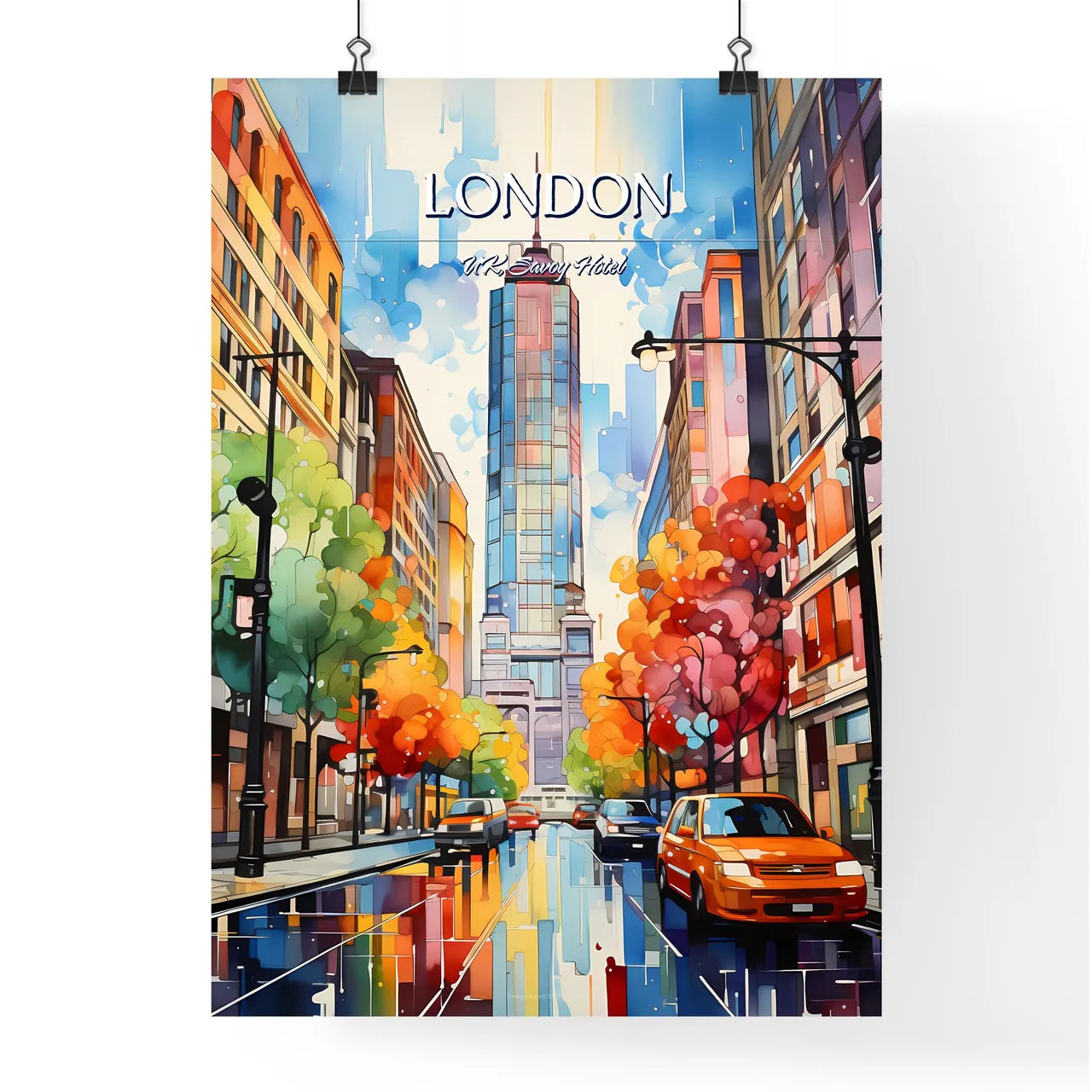 London, UK, Savoy Hotel - Art print of a street with a building and buildings Poster