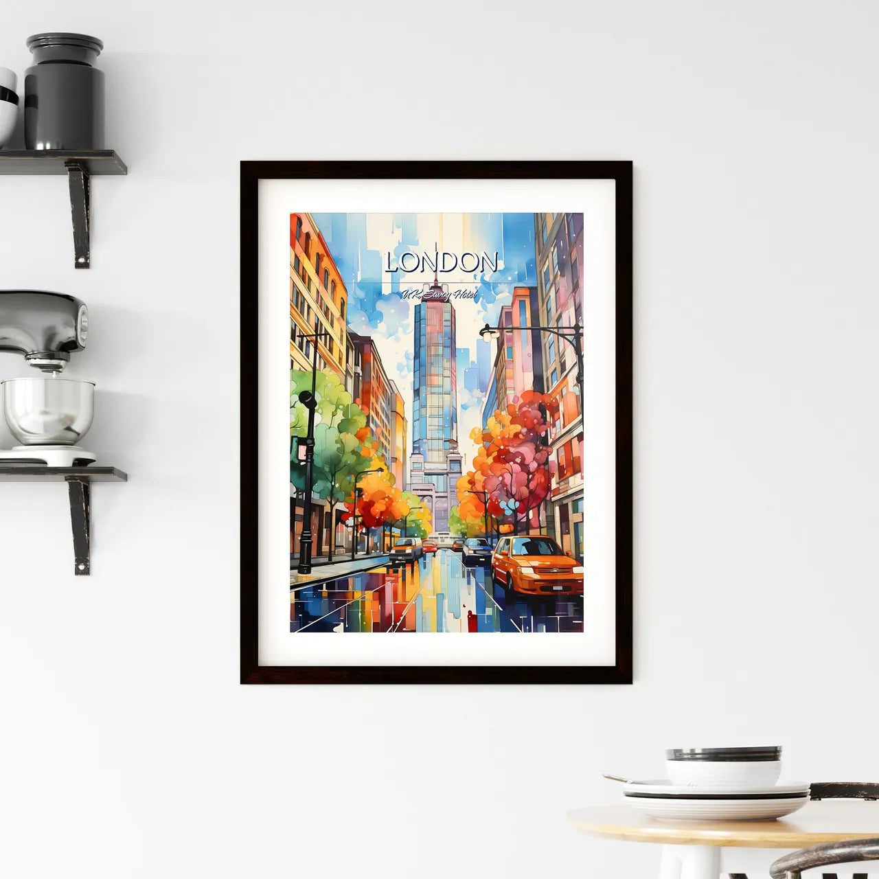 London, UK, Savoy Hotel - Art print of a street with a building and buildings Custom Print