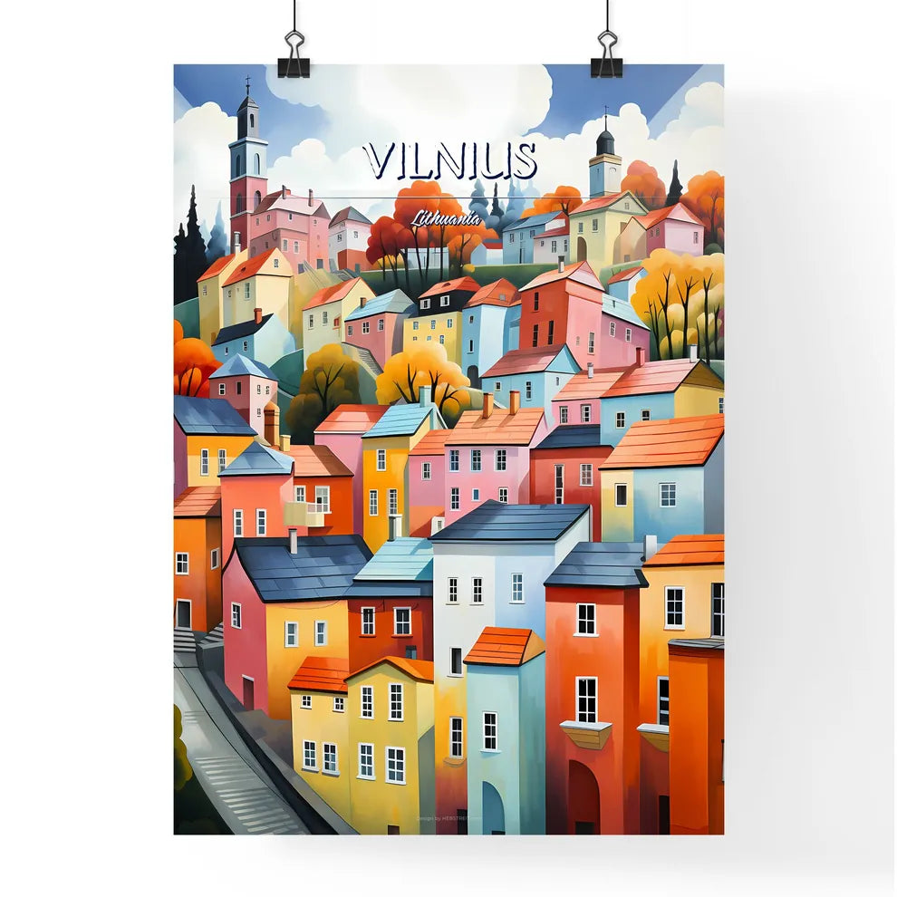 Vilnius, Lithuania - Art print of a body of water with a cave and a building in the background Poster