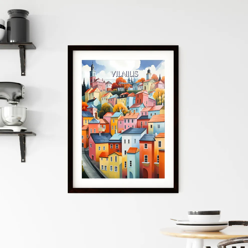 Vilnius, Lithuania - Art print of a body of water with a cave and a building in the background Custom Print