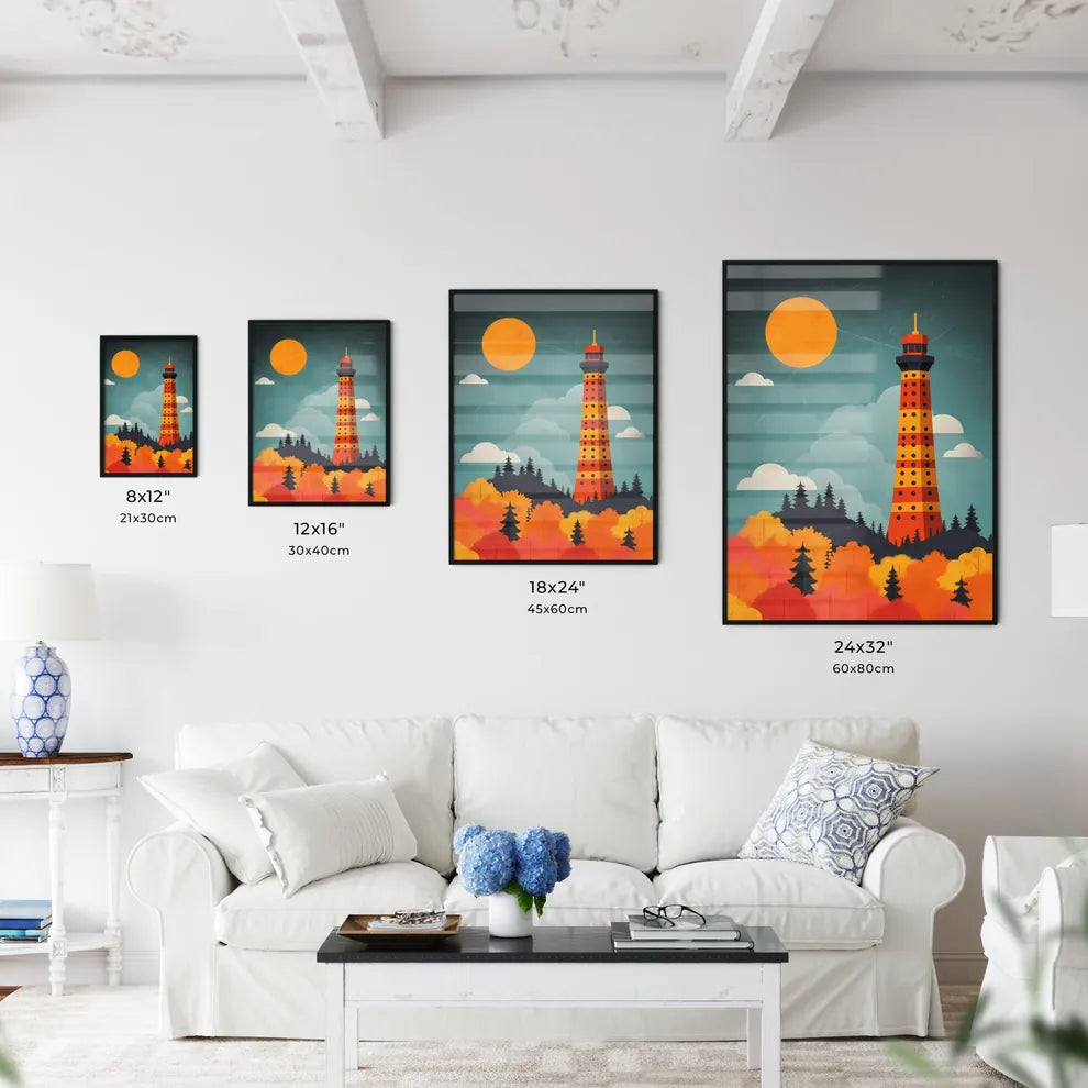 A travel poster of the eiffel tower - Art print of a building next to a body of water Size Chart