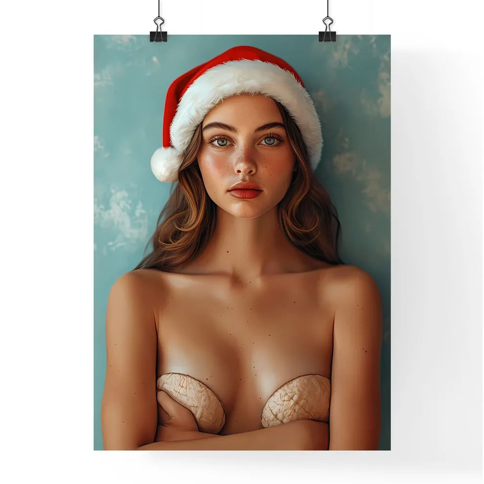 Woman wearing Santa hat - Art print of a lak Poster