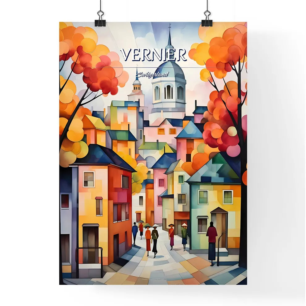 Vernier, Switzerland - Art print of a painting of a lake surrounded by mountains Poster