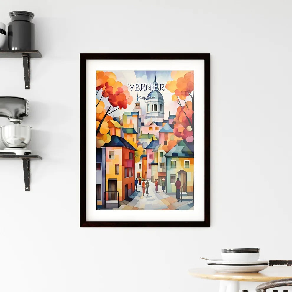 Vernier, Switzerland - Art print of a painting of a lake surrounded by mountains Custom Print