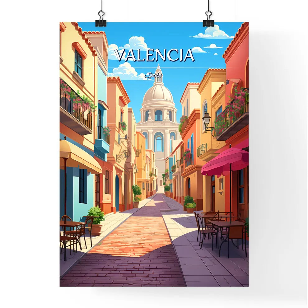 Valencia, Spain - Art print of a street with colorful buildings Poster