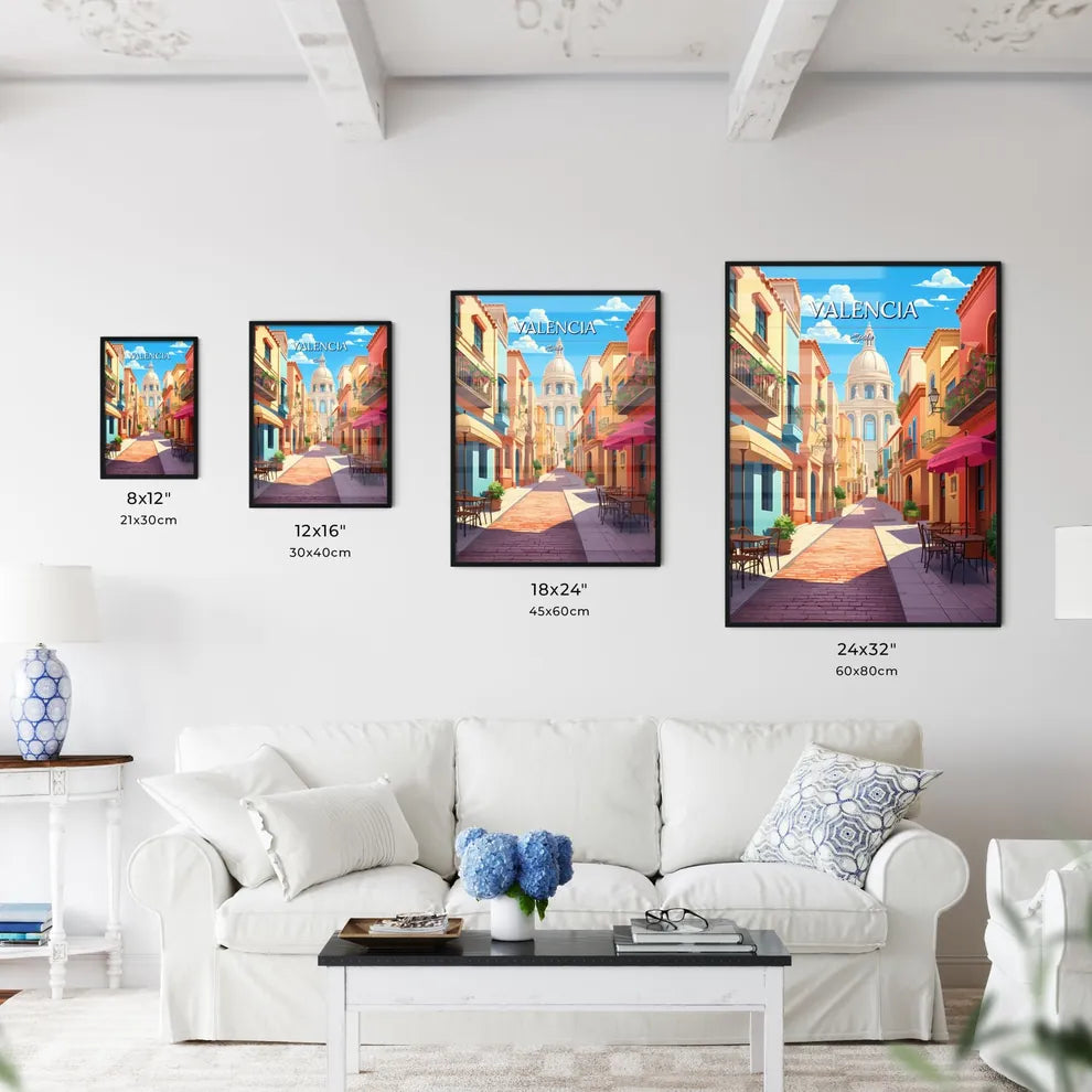 Valencia, Spain - Art print of a street with colorful buildings Size Chart