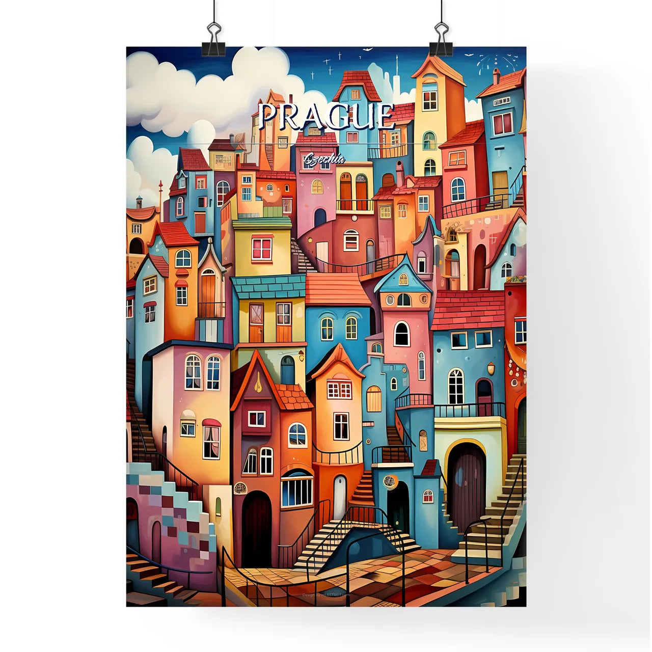 Prague, Czechia - Art print of a colorful city with many windows Poster