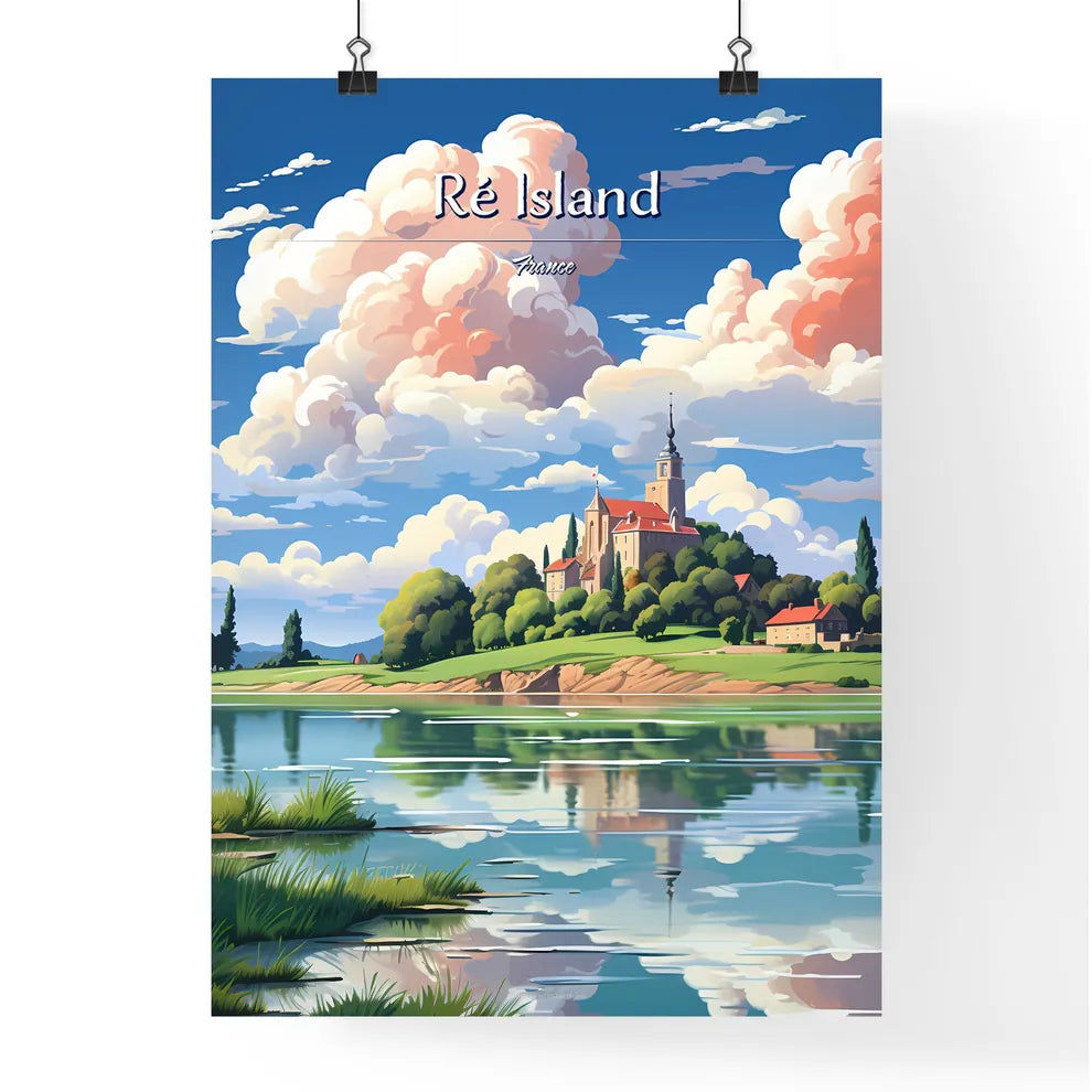 Ré Island, France - Art print of a landscape of a castle on a hill with trees and a body of water Poster
