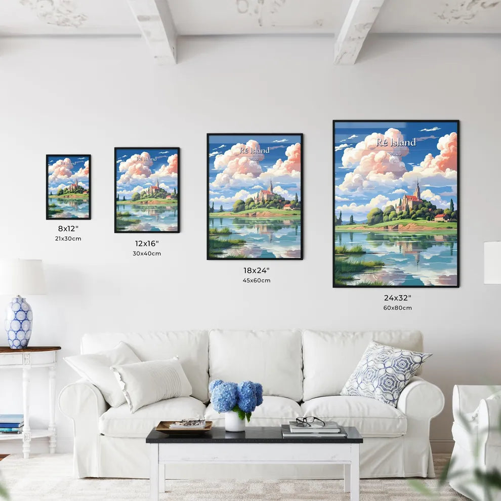 Ré Island, France - Art print of a landscape of a castle on a hill with trees and a body of water Size Chart