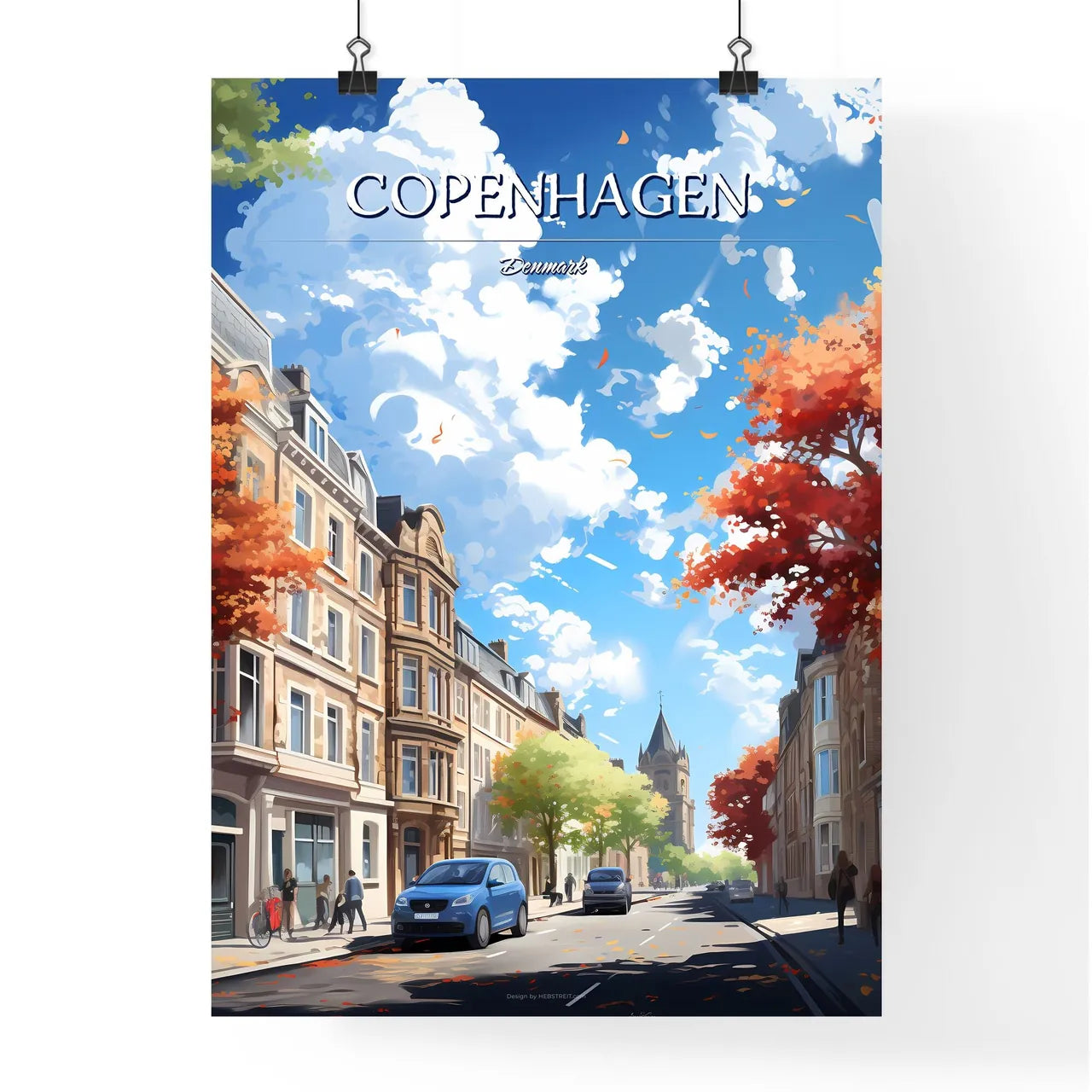 Copenhagen, Denmark - Art print of a street with cars and buildings on the side Poster