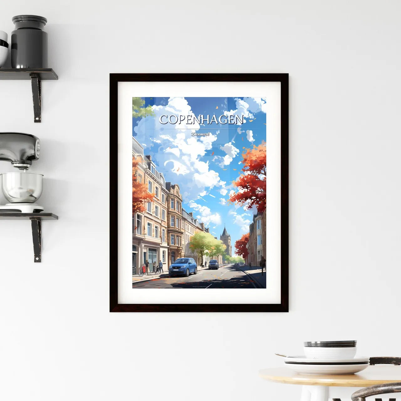 Copenhagen, Denmark - Art print of a street with cars and buildings on the side Custom Print