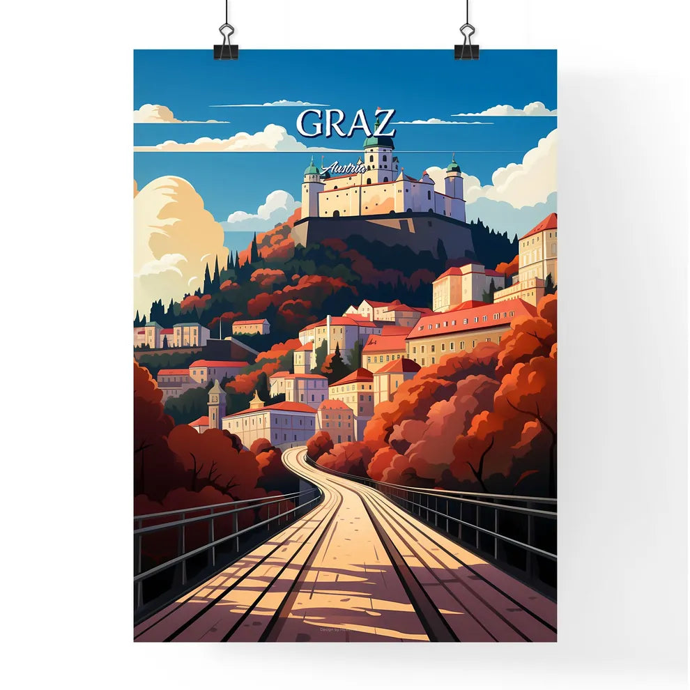 Graz, Austria - Art print of a bridge leading to a town Poster