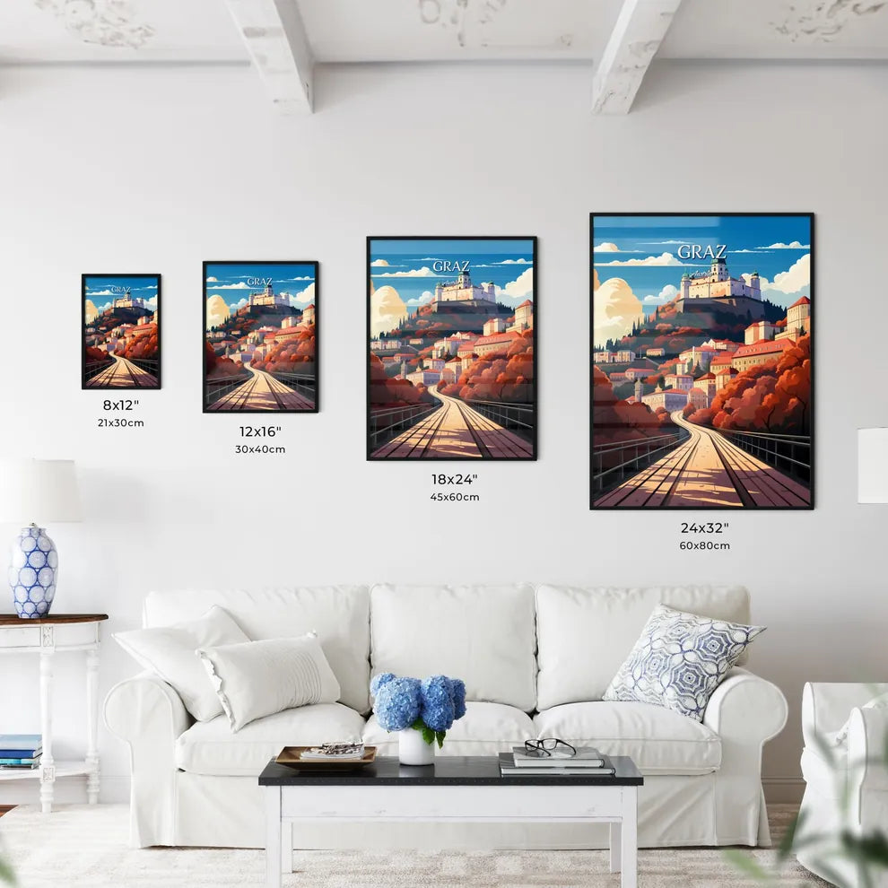 Graz, Austria - Art print of a bridge leading to a town Size Chart
