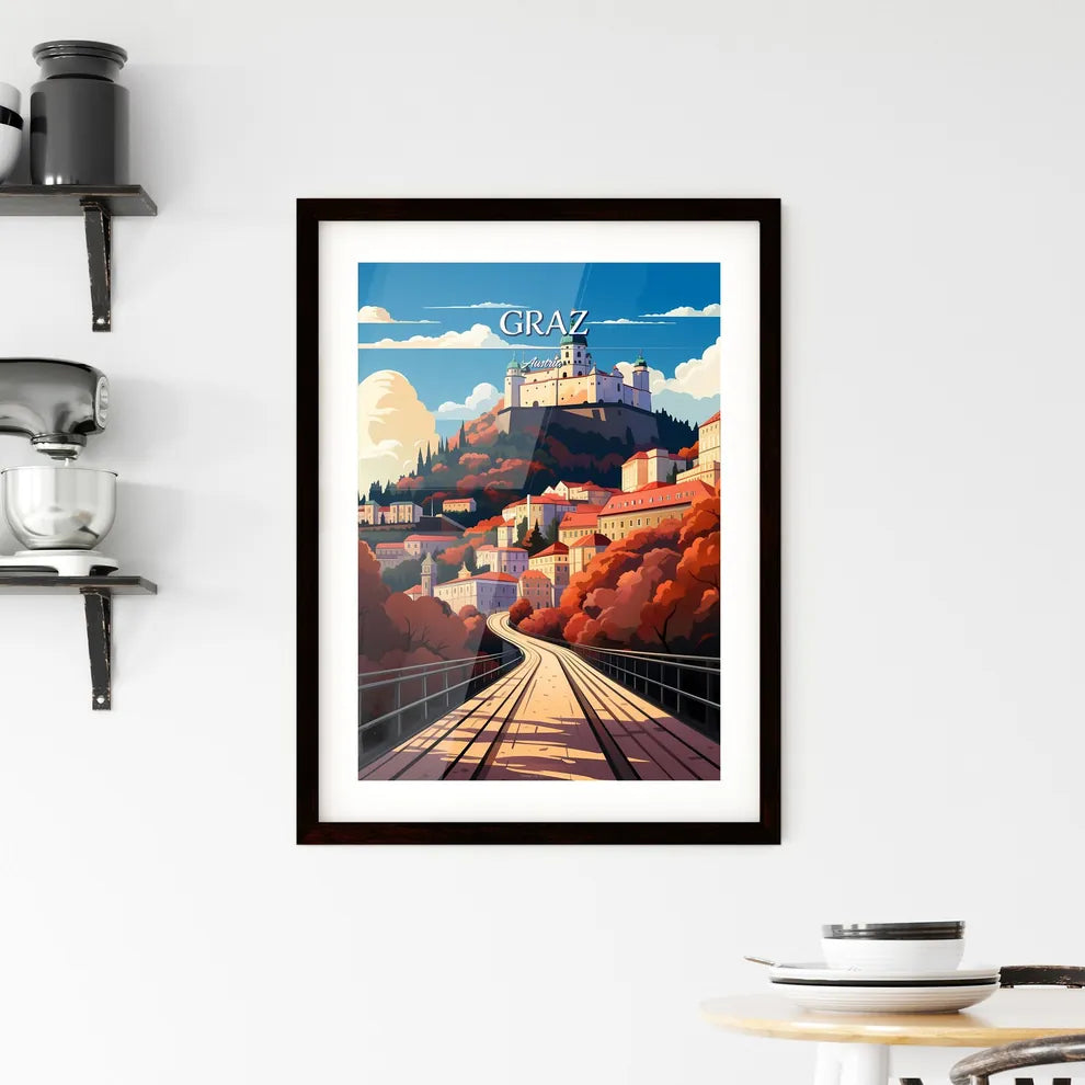 Graz, Austria - Art print of a bridge leading to a town Custom Print