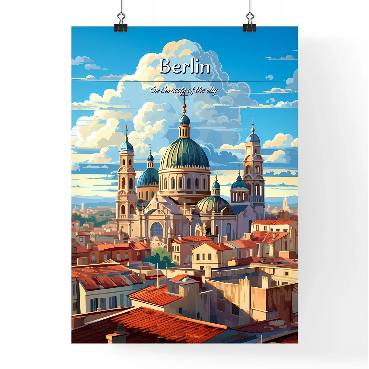 On the roofs of Berlin - Art print of a large building with blue domes and a blue roof Poster