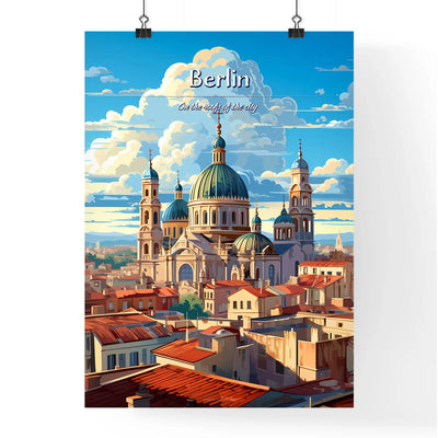 On the roofs of Berlin - Art print of a large building with blue domes and a blue roof