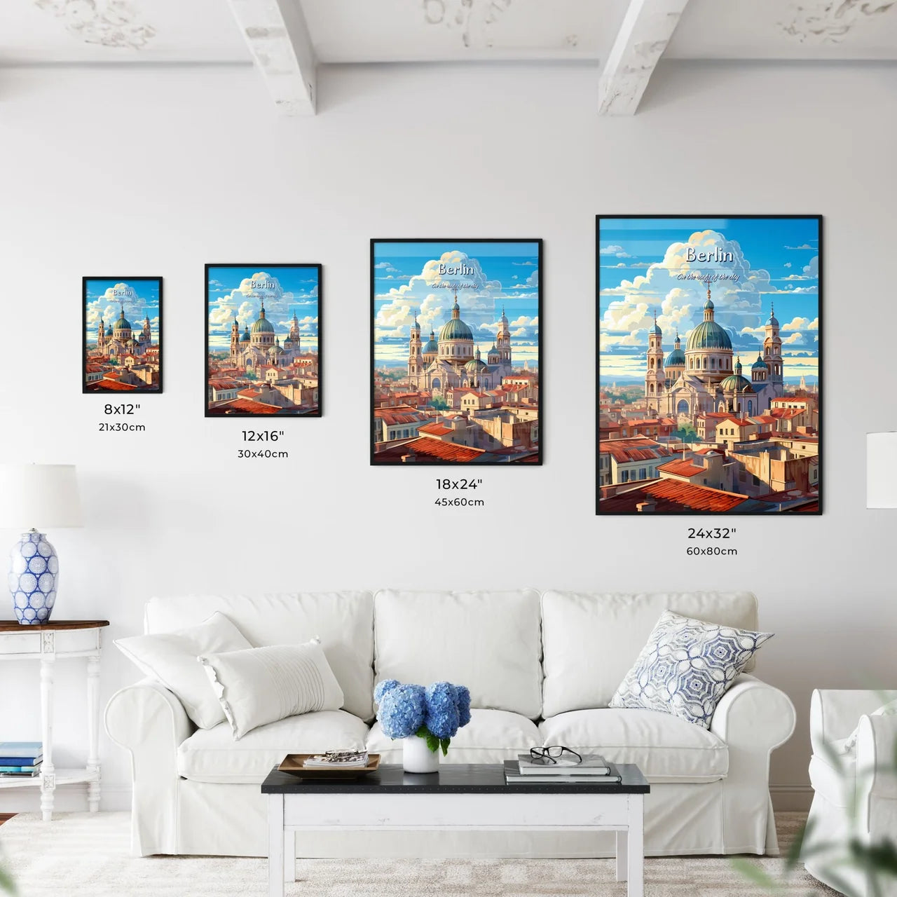 On the roofs of Berlin - Art print of a large building with blue domes and a blue roof Size Chart