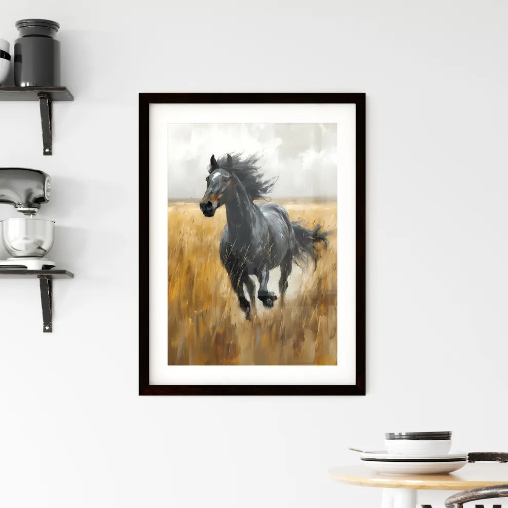 A vintage painting featuring a wild black horse  Framed Print
