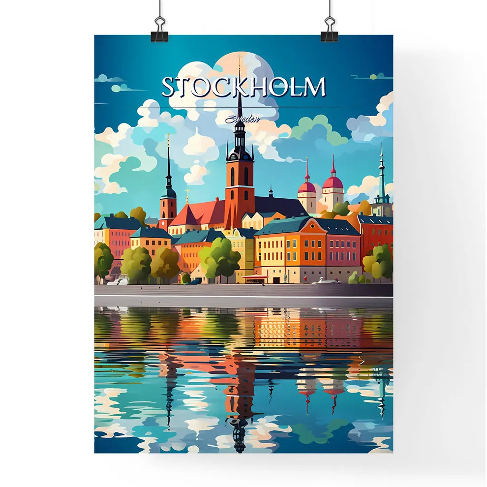Stockholm, Sweden, - Art print of a colorful city with a tower and trees and water Poster